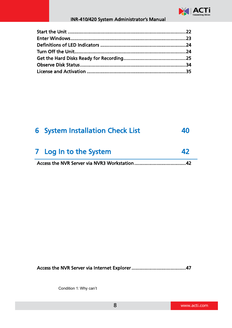 6 system installation check list 40, 7 log in to the system 42 | ACTi INR-410 INR-420 V3.0.09 User Manual | Page 8 / 148