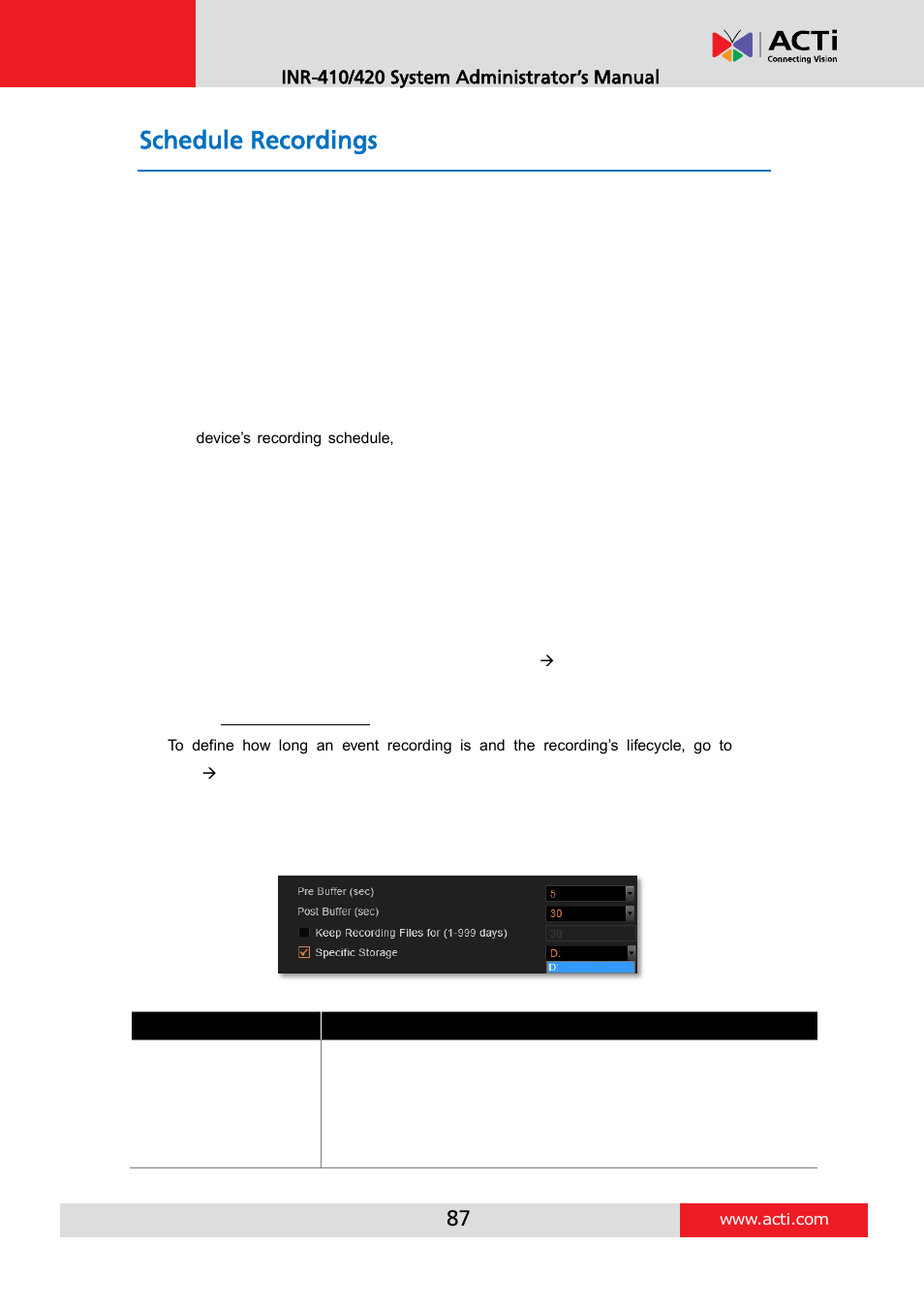 Schedule recordings, Configure the recording file properties, Attributes explanation | ACTi INR-410 INR-420 V3.0.09 User Manual | Page 87 / 148