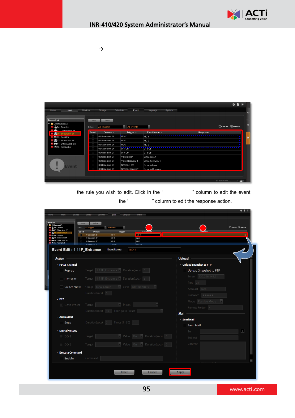 How to edit an event rule | ACTi INR-410 INR-420 V3.0.09 User Manual | Page 95 / 148