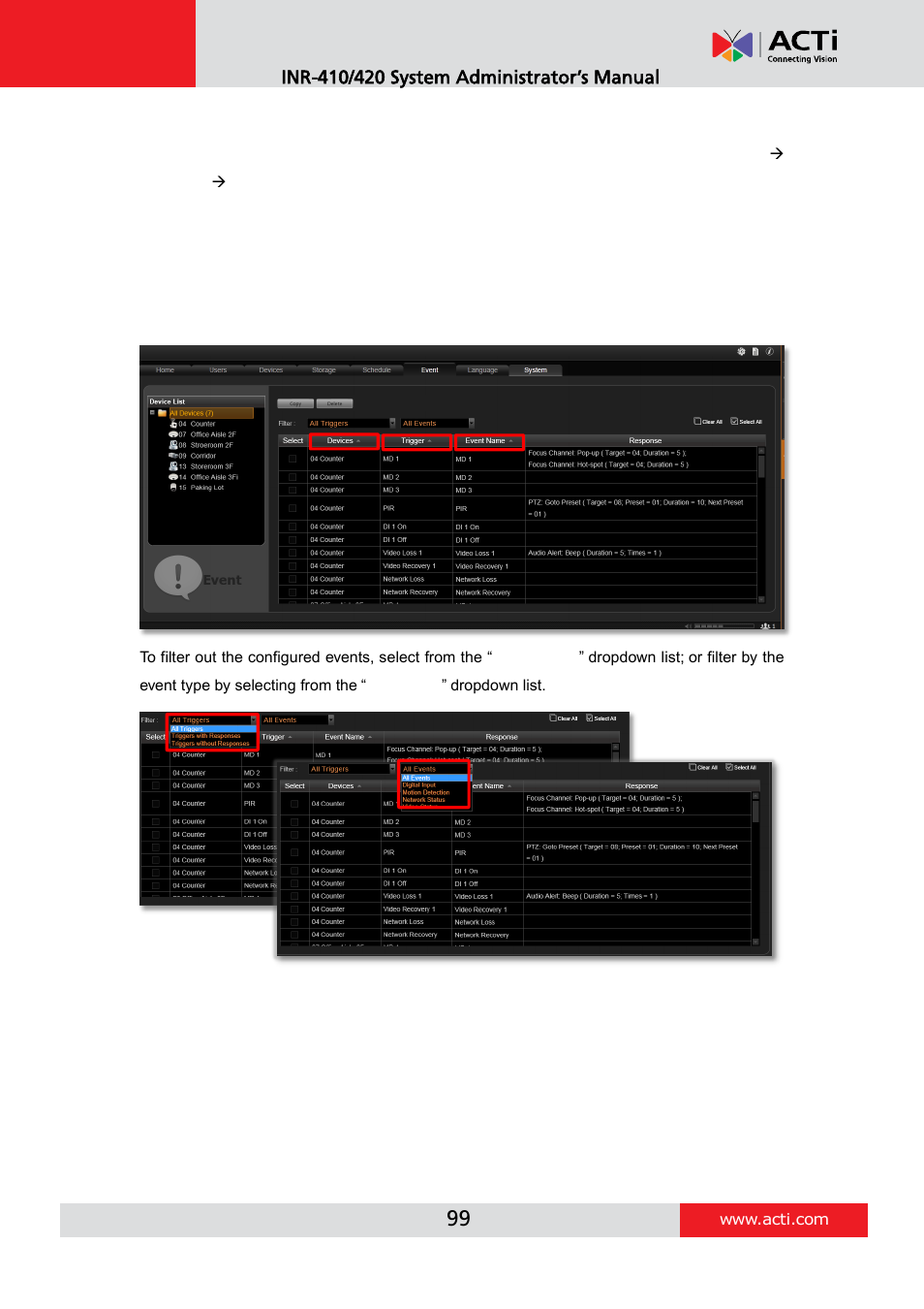 Manage the event rules, View the event rules | ACTi INR-410 INR-420 V3.0.09 User Manual | Page 99 / 148