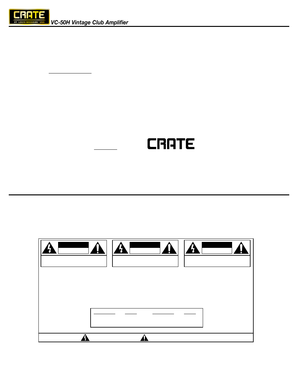Vc-50h vintage club amplifier, Caution, Attention | Vorsicht | Crate Amplifiers VC-50H User Manual | Page 2 / 8