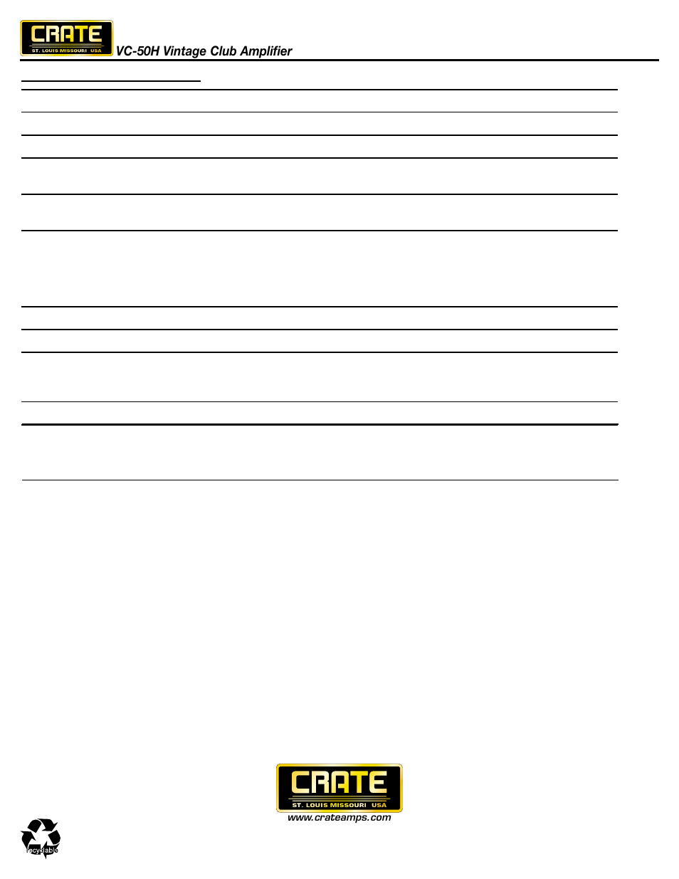 Crate Amplifiers VC-50H User Manual | Page 8 / 8
