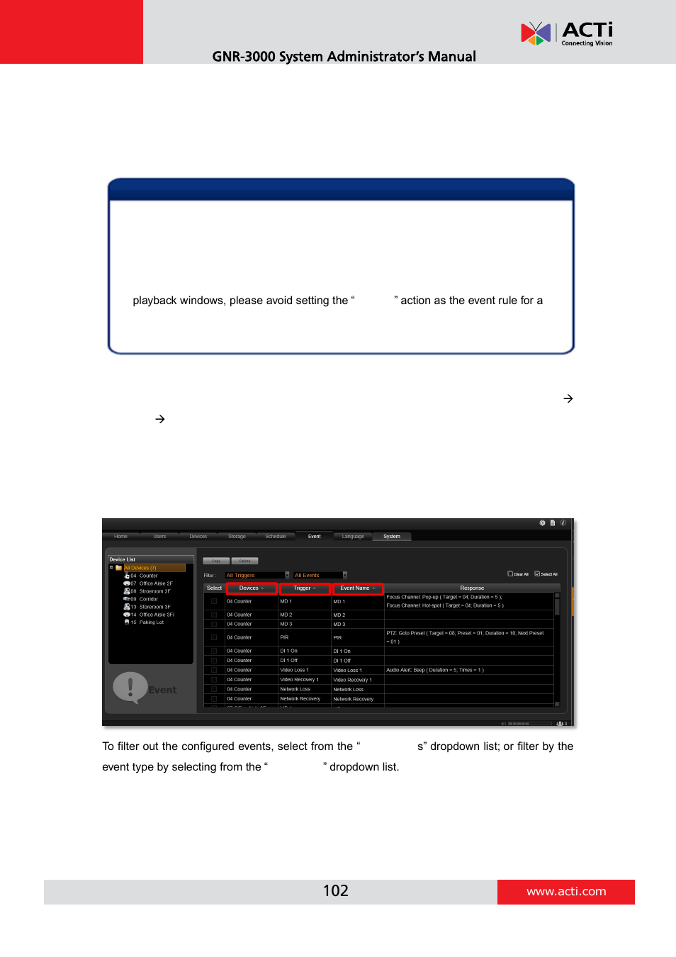 Manage the event rules | ACTi GNR-3000 V3.0.09 User Manual | Page 102 / 150