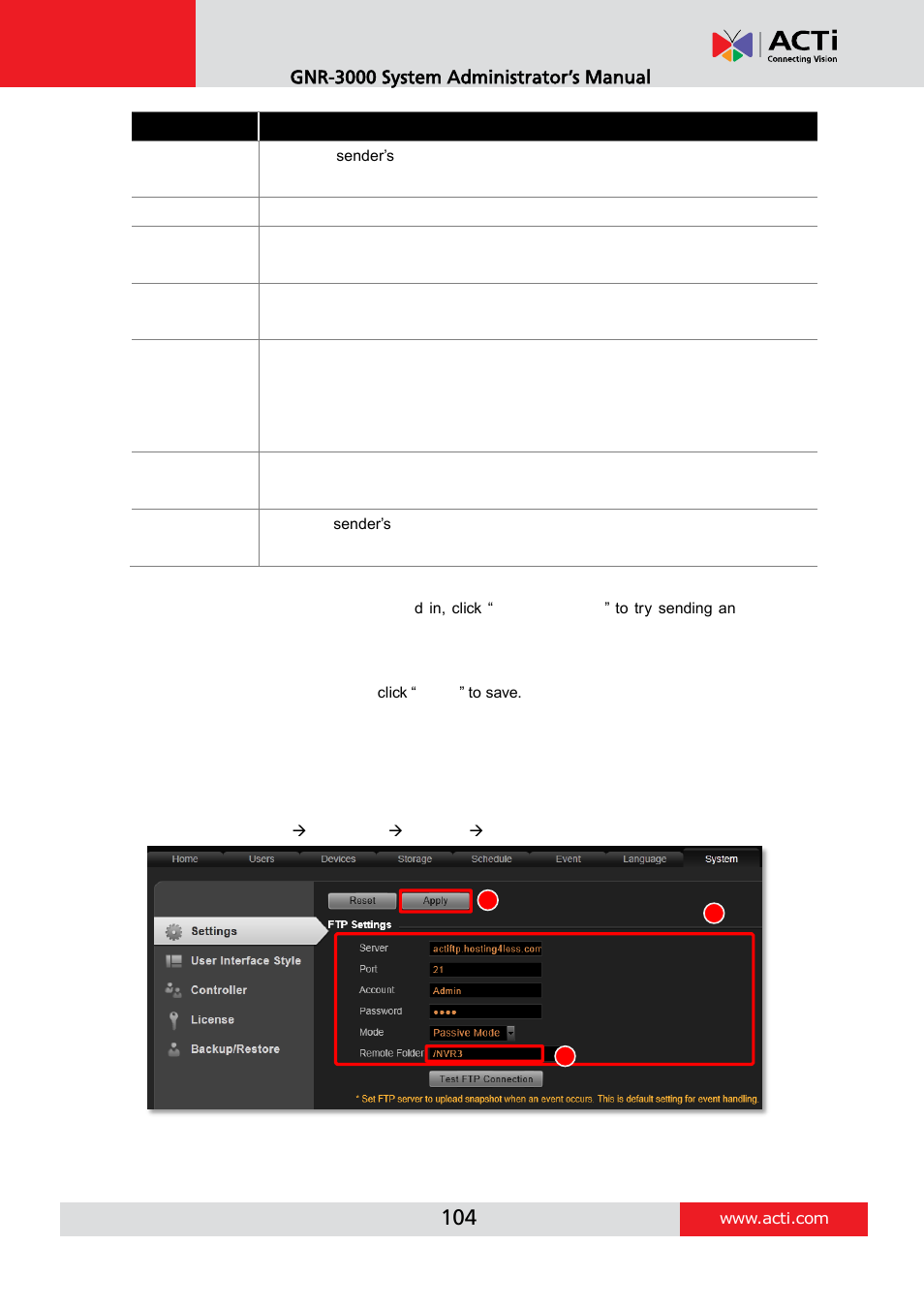 How to setup ftp settings for event rules, D how to setup ftp settings for event rules, E 104 | ACTi GNR-3000 V3.0.09 User Manual | Page 104 / 150