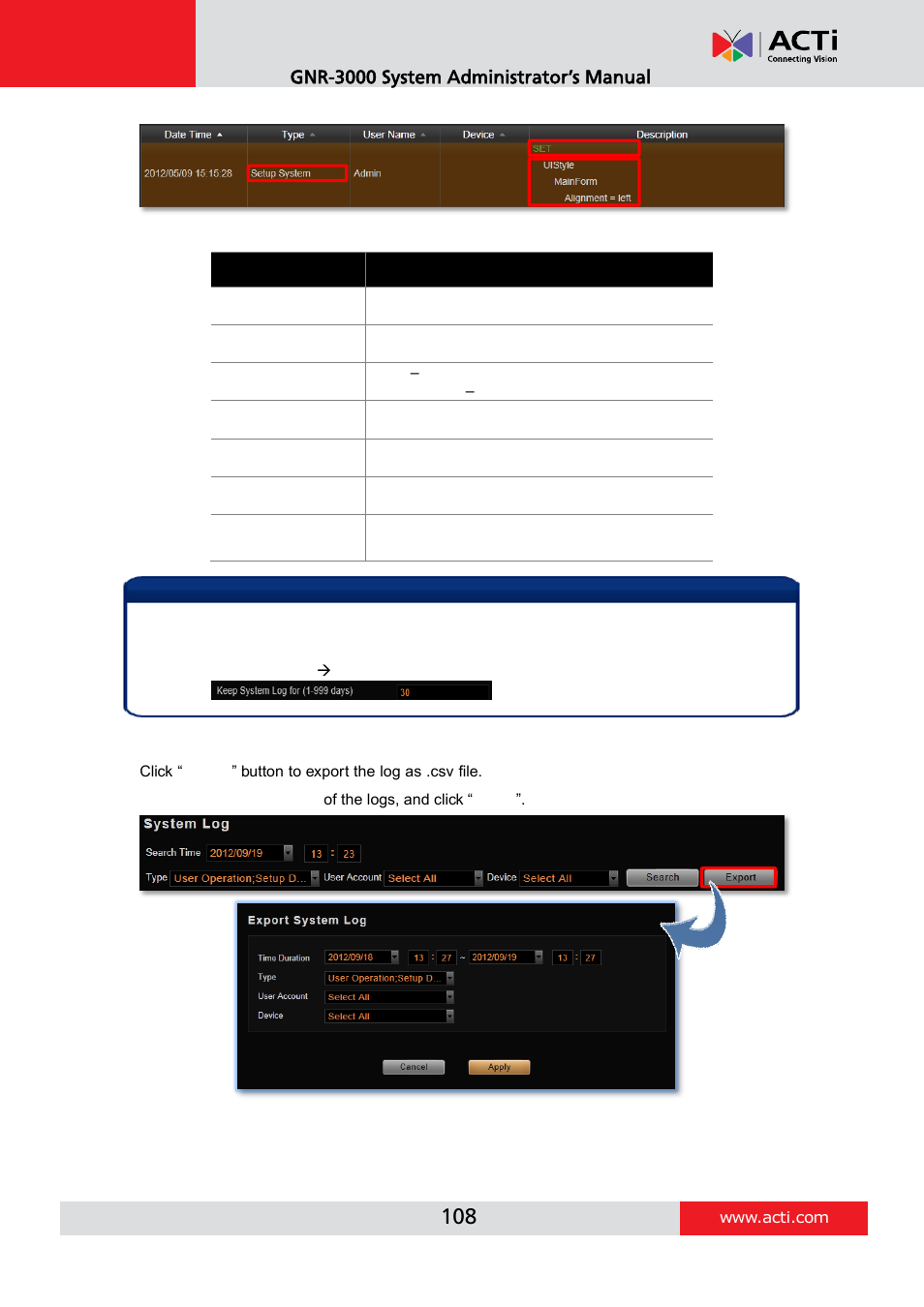 Export the log | ACTi GNR-3000 V3.0.09 User Manual | Page 108 / 150