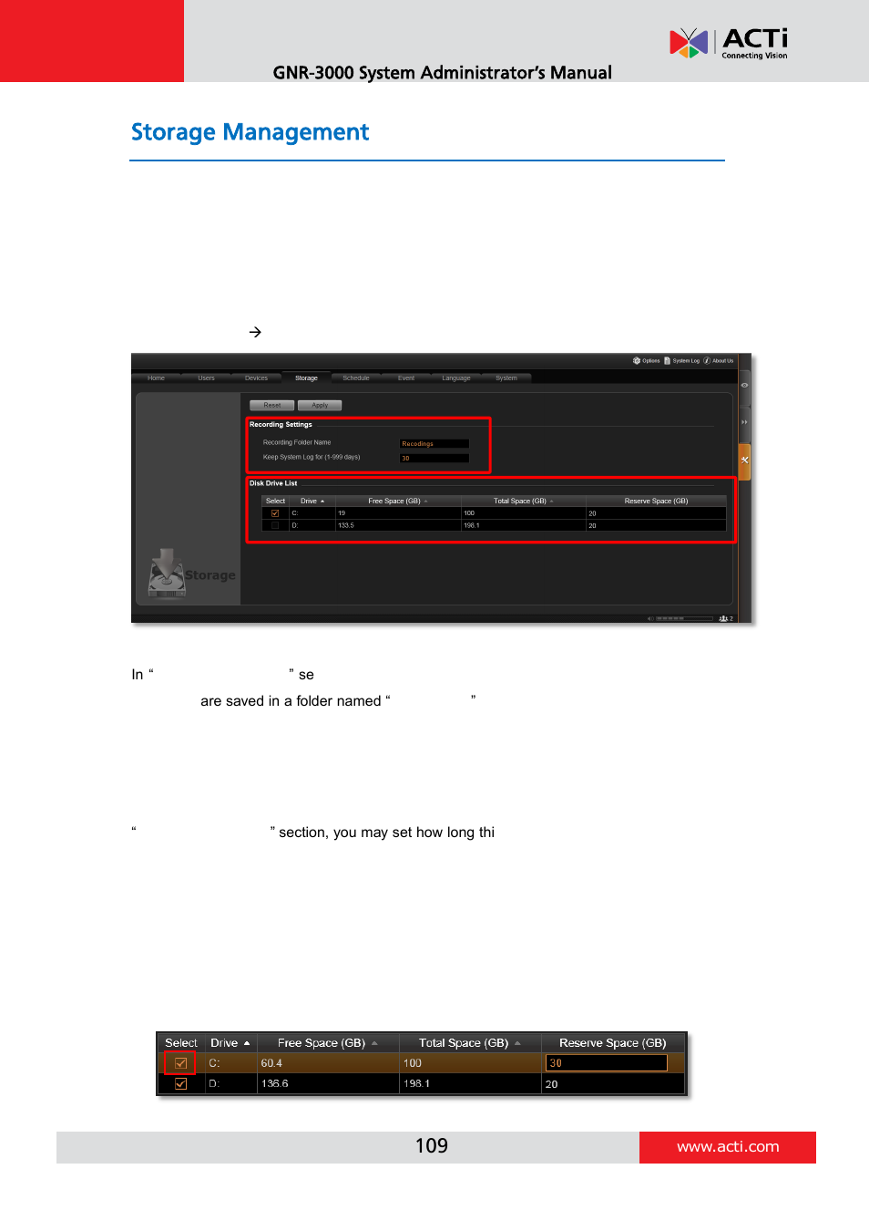 Storage management, Change recordings folder name, Set system log lifecycle | N set hard drives for, The recorded files deletion rule, To storage management, E 109 | ACTi GNR-3000 V3.0.09 User Manual | Page 109 / 150
