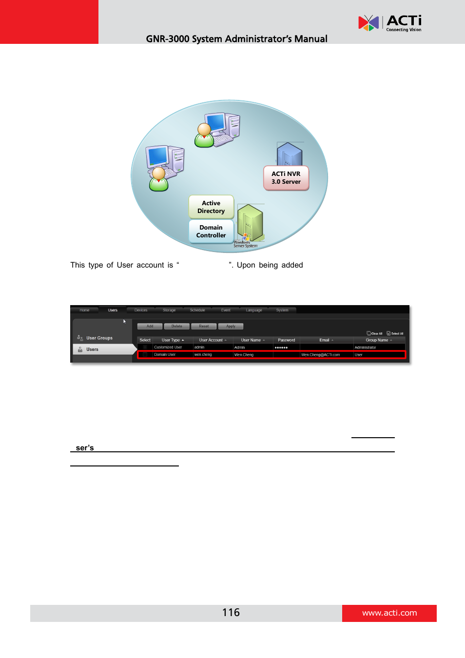 Domain users management, Gnr-3000 system administrator’s manual | ACTi GNR-3000 V3.0.09 User Manual | Page 116 / 150