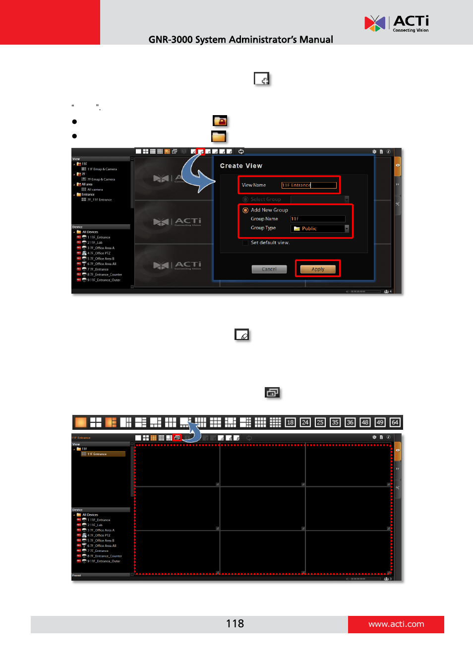 Step 1: create a new view, Step 2: enter edit mode, Step 3: select a layout | ACTi GNR-3000 V3.0.09 User Manual | Page 118 / 150