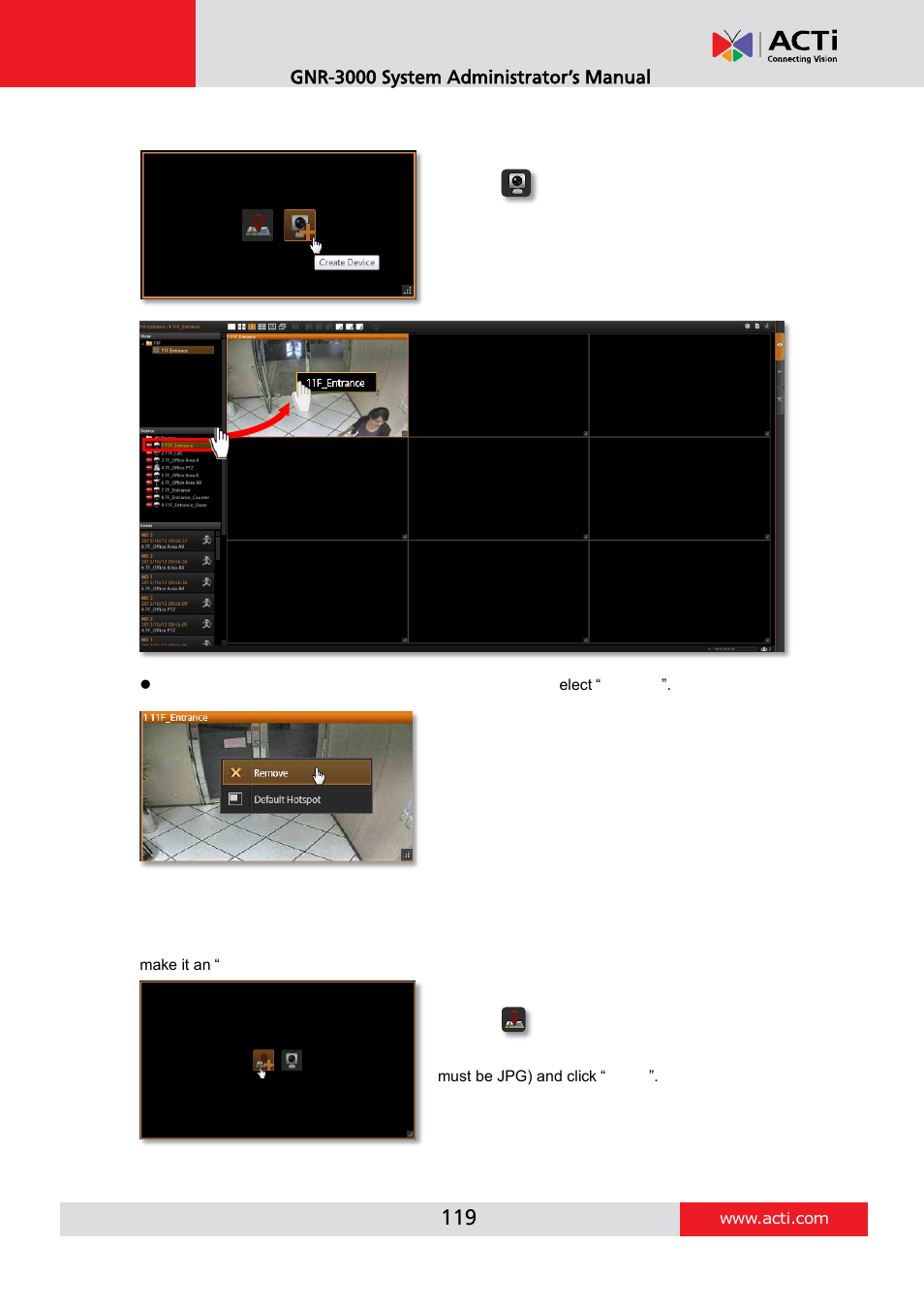Step 4: add video source, Step 5: add a map | ACTi GNR-3000 V3.0.09 User Manual | Page 119 / 150
