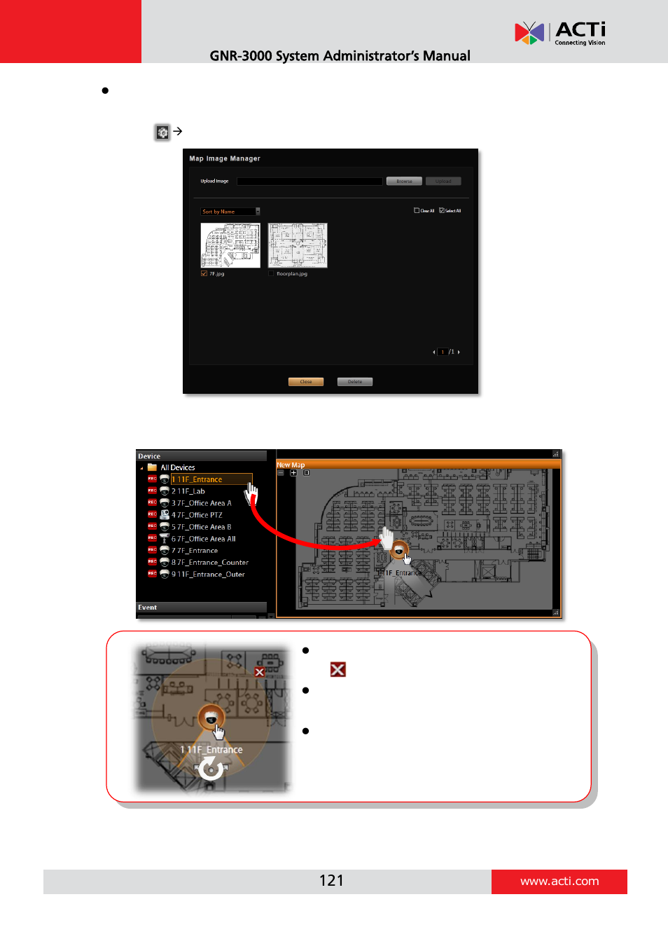 Step 6: add devices to the map, Gnr-3000 system administrator’s manual | ACTi GNR-3000 V3.0.09 User Manual | Page 121 / 150
