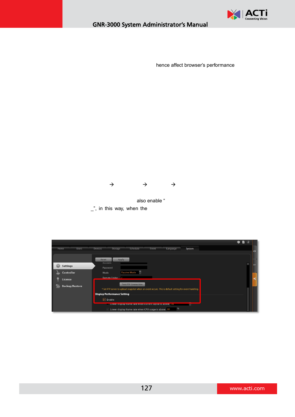 Tips to enhance live view performance, Gnr-3000 system administrator’s manual | ACTi GNR-3000 V3.0.09 User Manual | Page 127 / 150