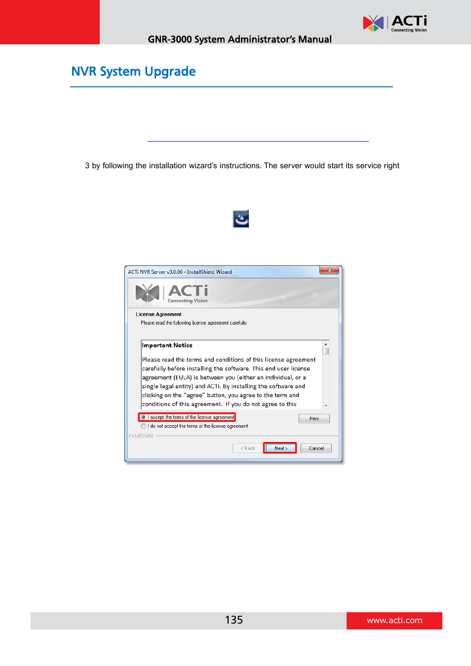 Nvr system upgrade, Install the software | ACTi GNR-3000 V3.0.09 User Manual | Page 135 / 150