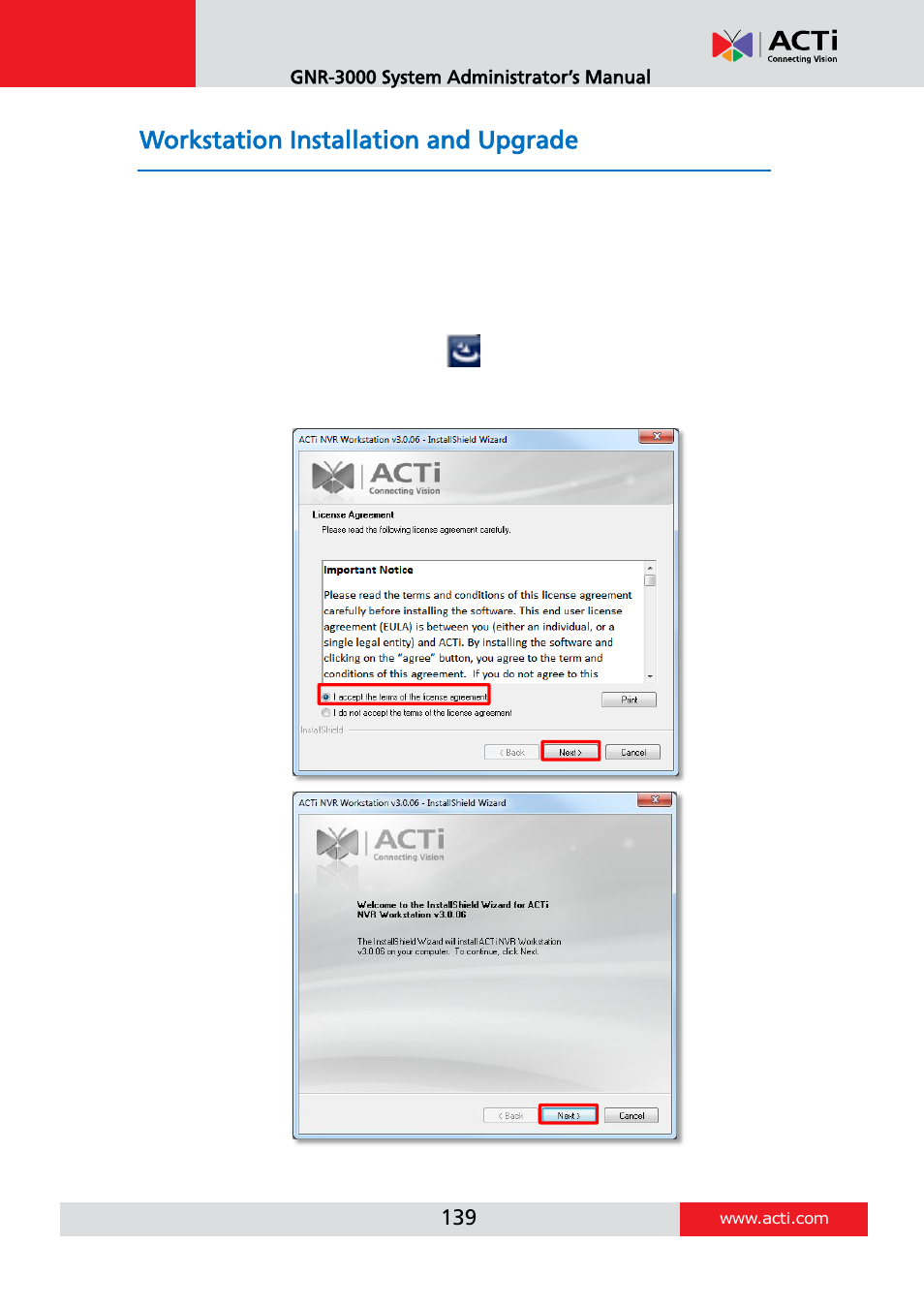 Workstation installation and upgrade, Install or upgrade the software | ACTi GNR-3000 V3.0.09 User Manual | Page 139 / 150