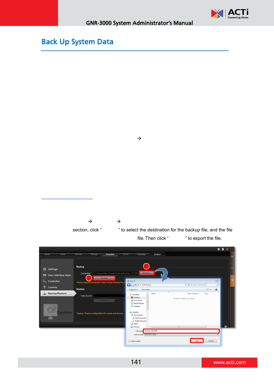 Back up system data, Step 1: back up system settings | ACTi GNR-3000 V3.0.09 User Manual | Page 141 / 150