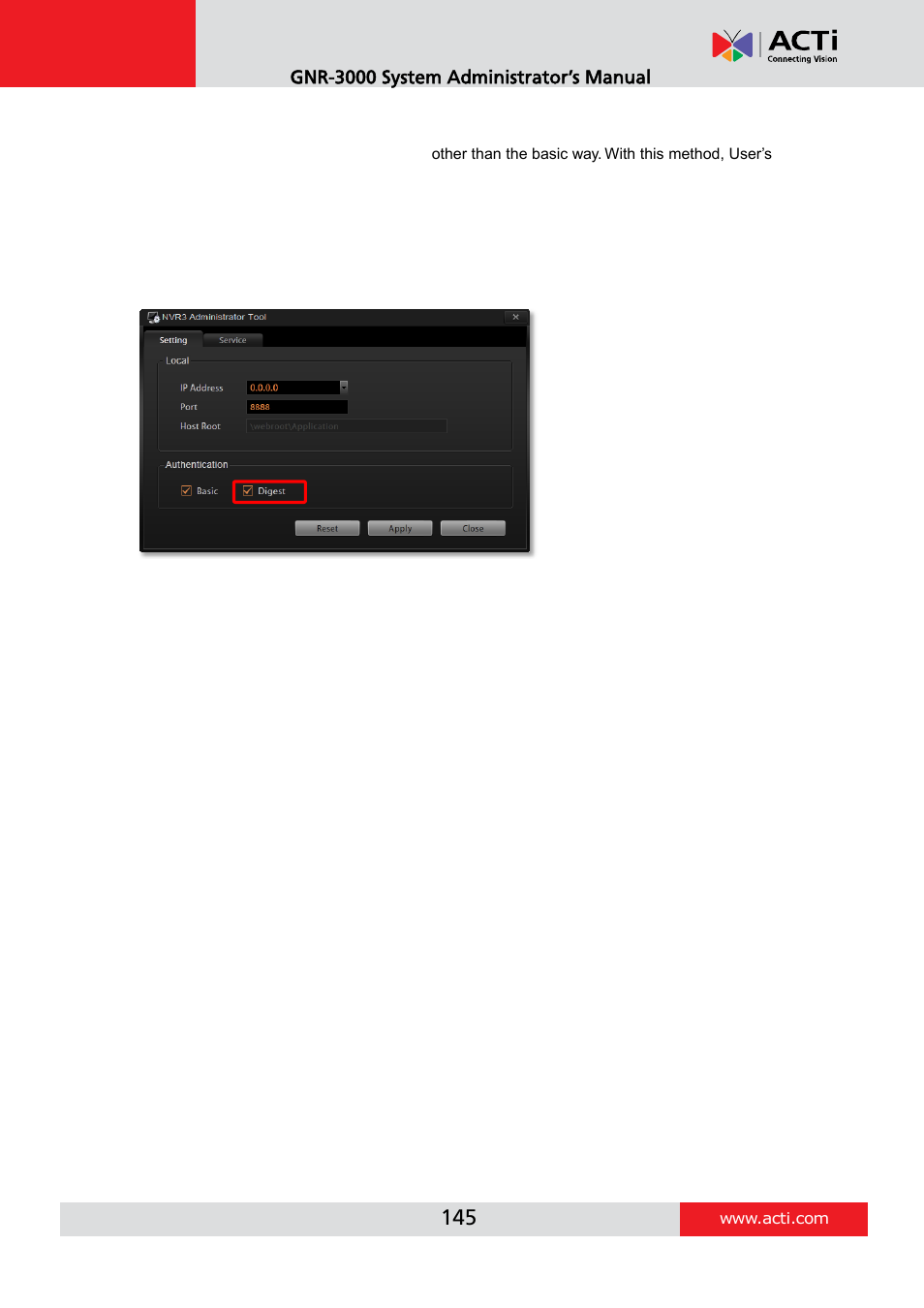 Change authentication method | ACTi GNR-3000 V3.0.09 User Manual | Page 145 / 150