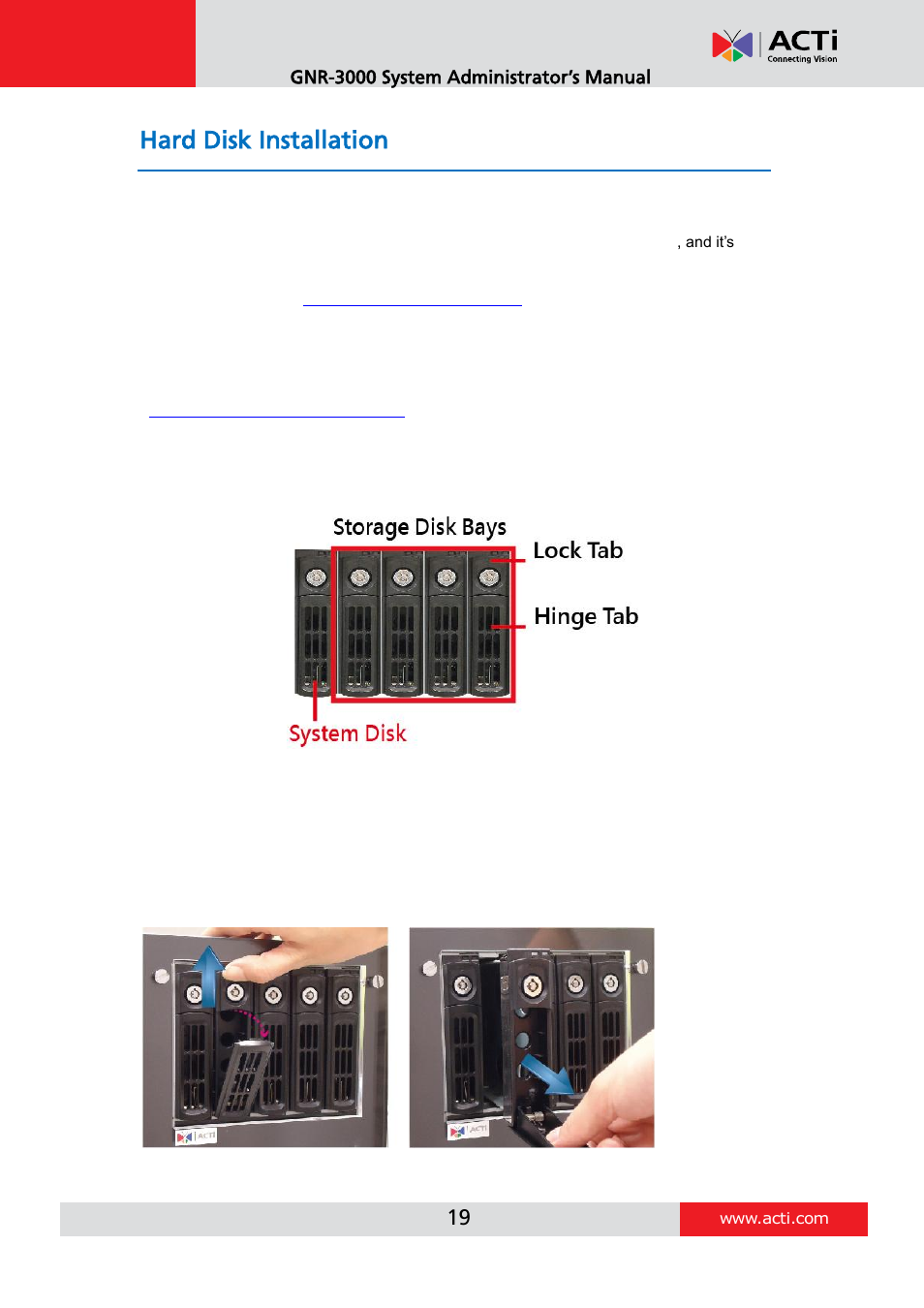 Hard disk installation, Step 1: remove the tray | ACTi GNR-3000 V3.0.09 User Manual | Page 19 / 150