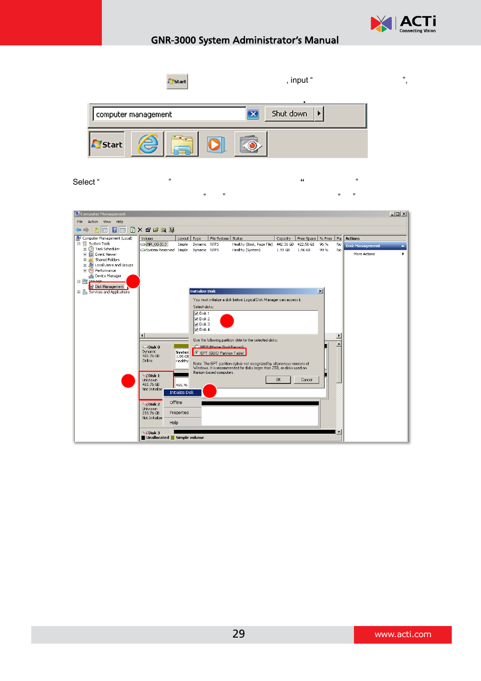 Start creating disk volumes | ACTi GNR-3000 V3.0.09 User Manual | Page 29 / 150