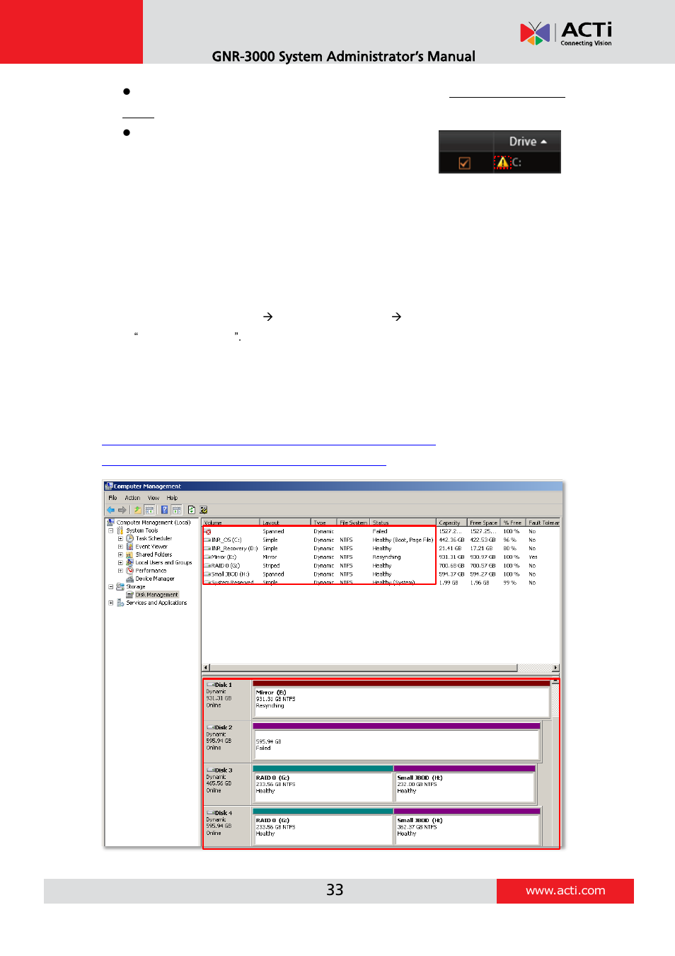 Disk management, Gnr-3000 system administrator’s manual | ACTi GNR-3000 V3.0.09 User Manual | Page 33 / 150