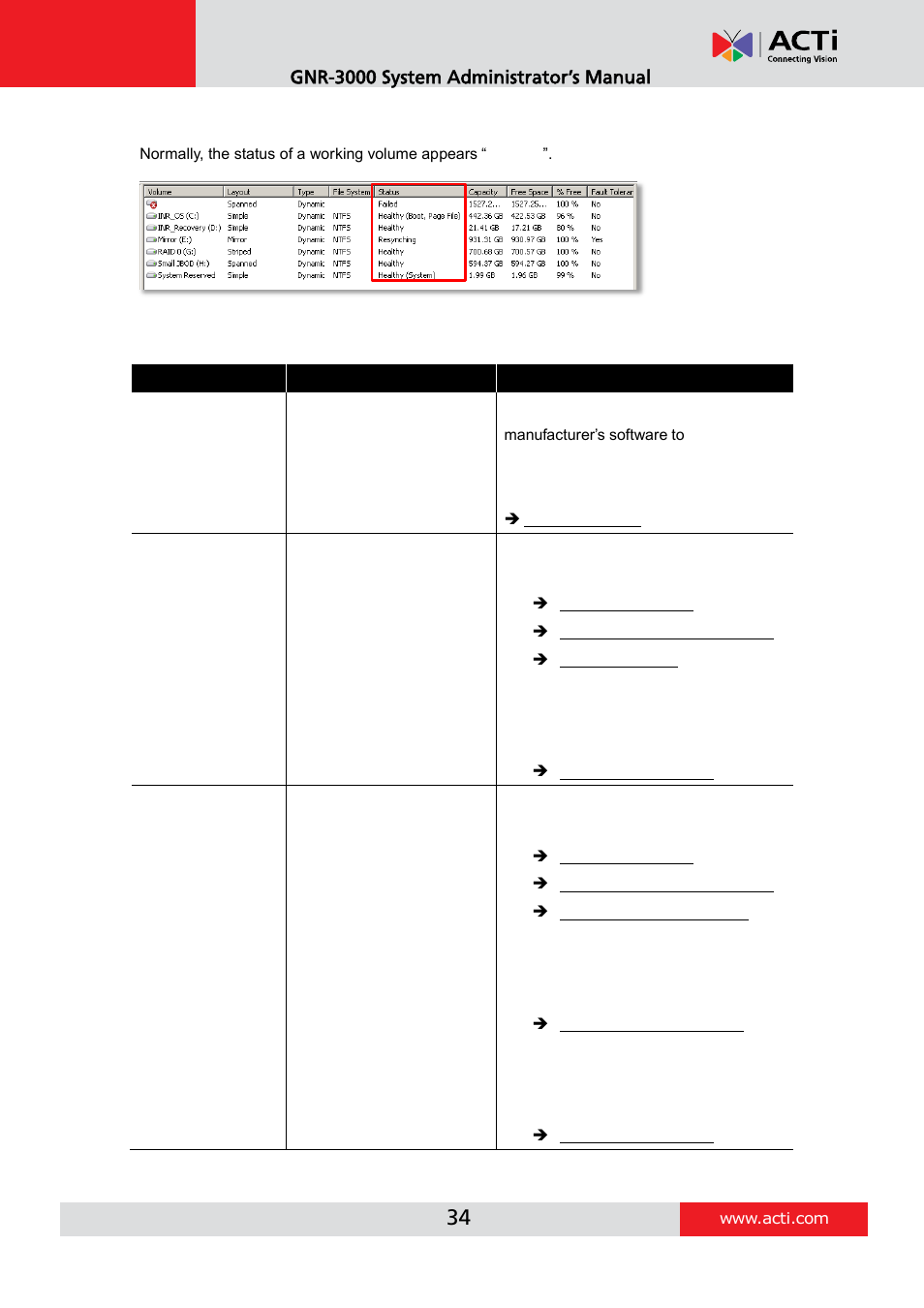 Trouble-shoot the disk drives, O trouble-shoot the disk, Drives | E 34, Gnr-3000 system administrator’s manual | ACTi GNR-3000 V3.0.09 User Manual | Page 34 / 150