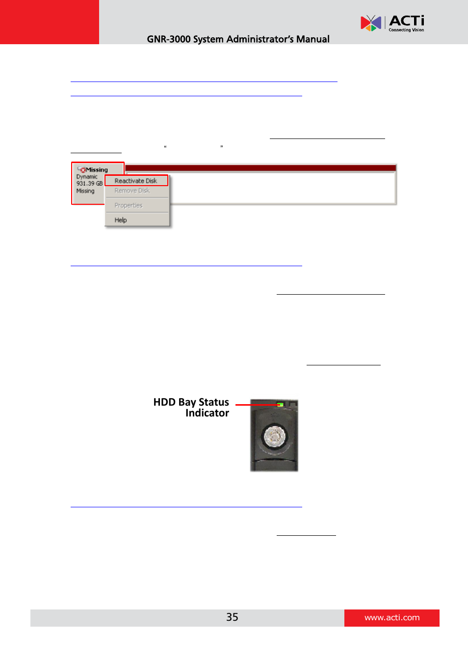 Reactivate the disk, Check the physical connection, Hdd bay status indicator | ACTi GNR-3000 V3.0.09 User Manual | Page 35 / 150