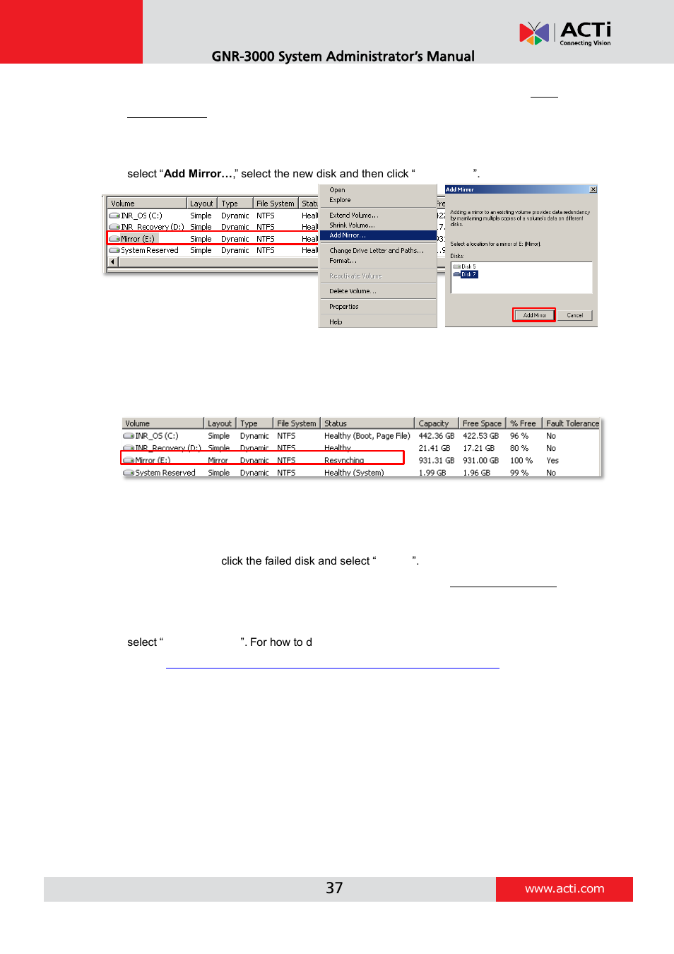 Replace the disk, E replace the disk, Gnr-3000 system administrator’s manual | ACTi GNR-3000 V3.0.09 User Manual | Page 37 / 150