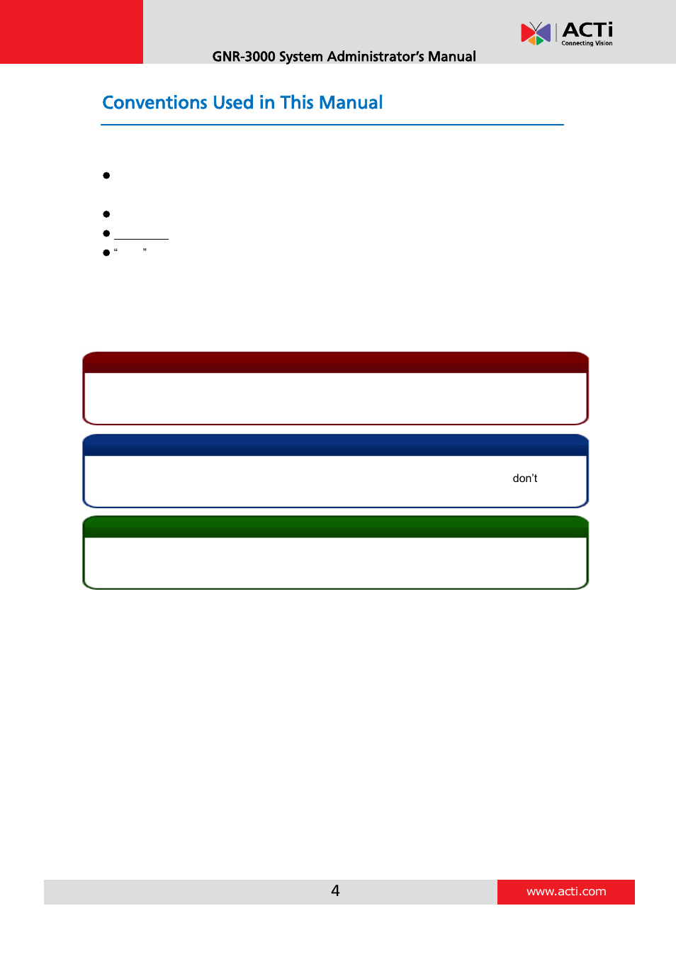 Conventions used in this manual | ACTi GNR-3000 V3.0.09 User Manual | Page 4 / 150