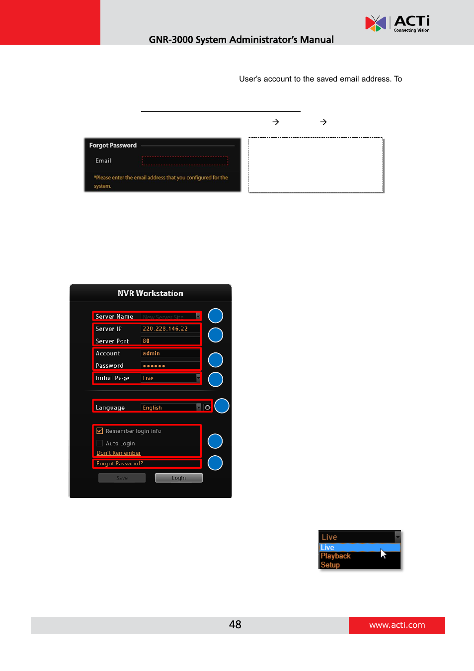 E. retrieve the user password, Remote workstation client login, A. server ip & server port | B. enter account & password | ACTi GNR-3000 V3.0.09 User Manual | Page 48 / 150