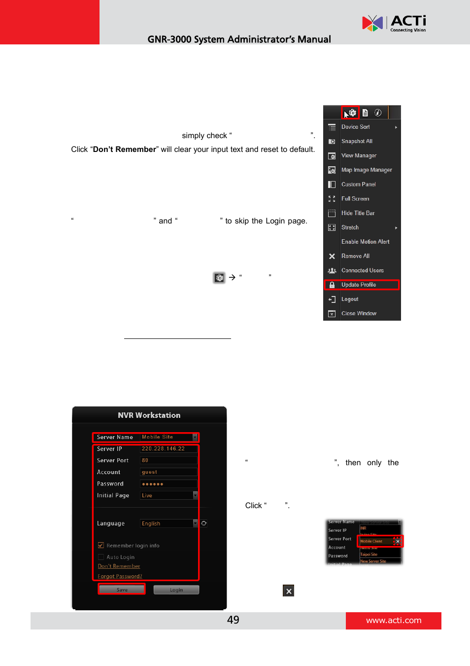 D. language, E. remember login information and auto login, F. retrieve the user password | G. server name/server sites list, Gnr-3000 system administrator’s manual | ACTi GNR-3000 V3.0.09 User Manual | Page 49 / 150