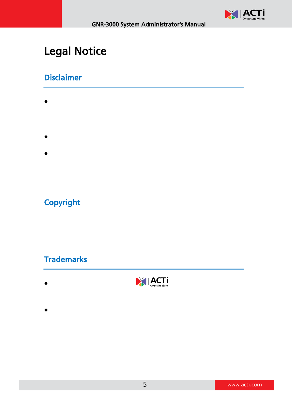 Legal notice, Disclaimer, Copyright | Trademarks | ACTi GNR-3000 V3.0.09 User Manual | Page 5 / 150