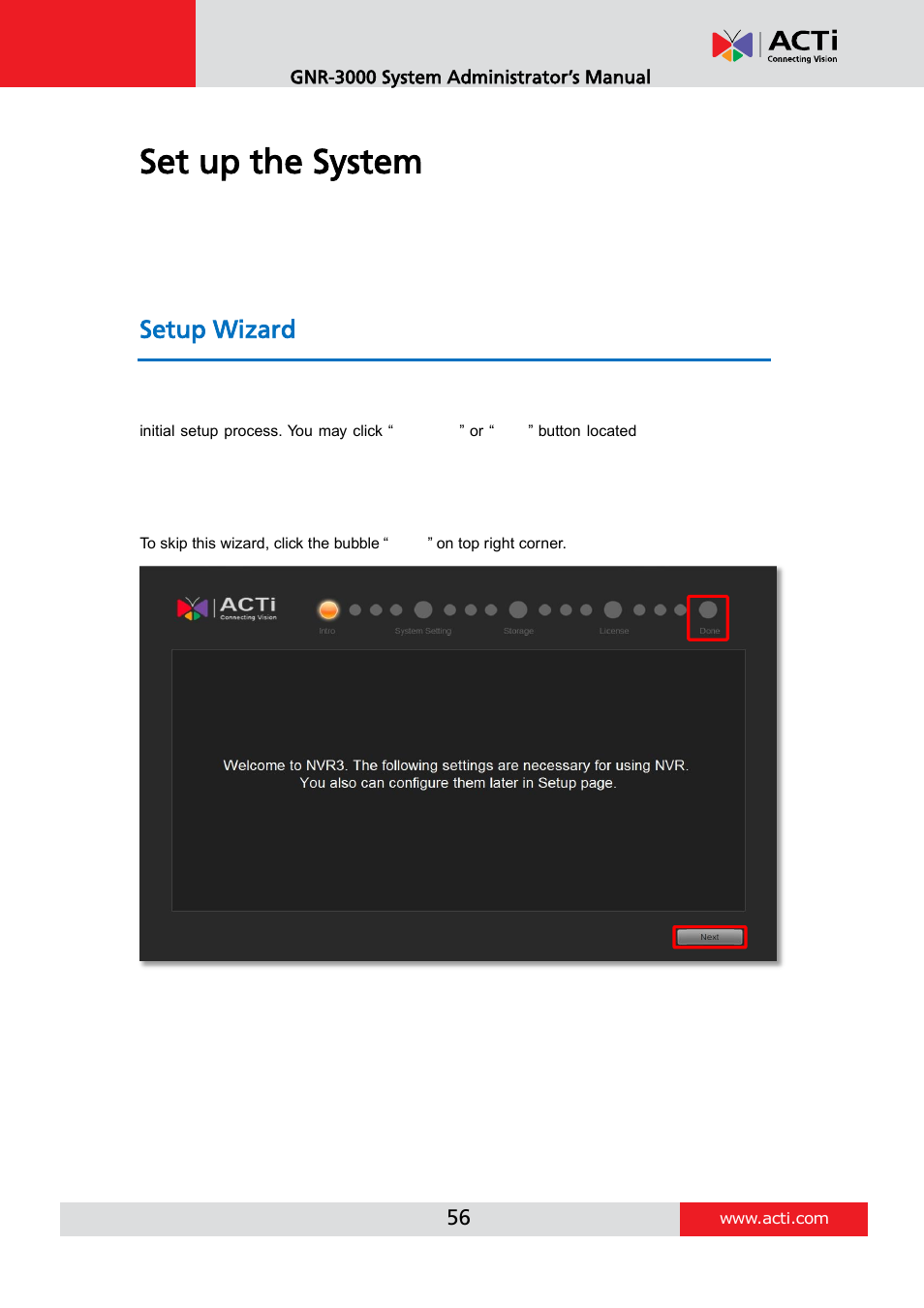 Set up the system, Setup wizard | ACTi GNR-3000 V3.0.09 User Manual | Page 56 / 150