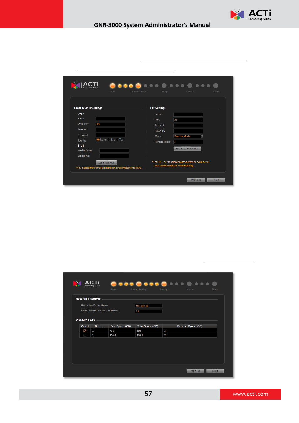 System settings, Storage | ACTi GNR-3000 V3.0.09 User Manual | Page 57 / 150