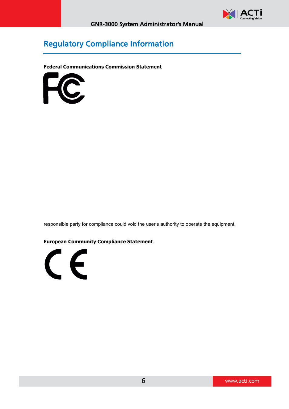 Regulatory compliance information | ACTi GNR-3000 V3.0.09 User Manual | Page 6 / 150