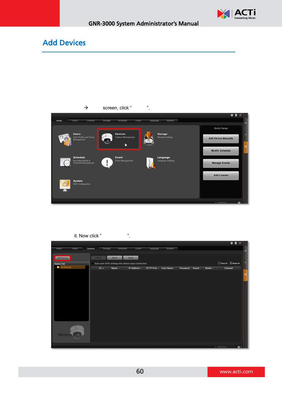 Add devices, Device list | ACTi GNR-3000 V3.0.09 User Manual | Page 60 / 150