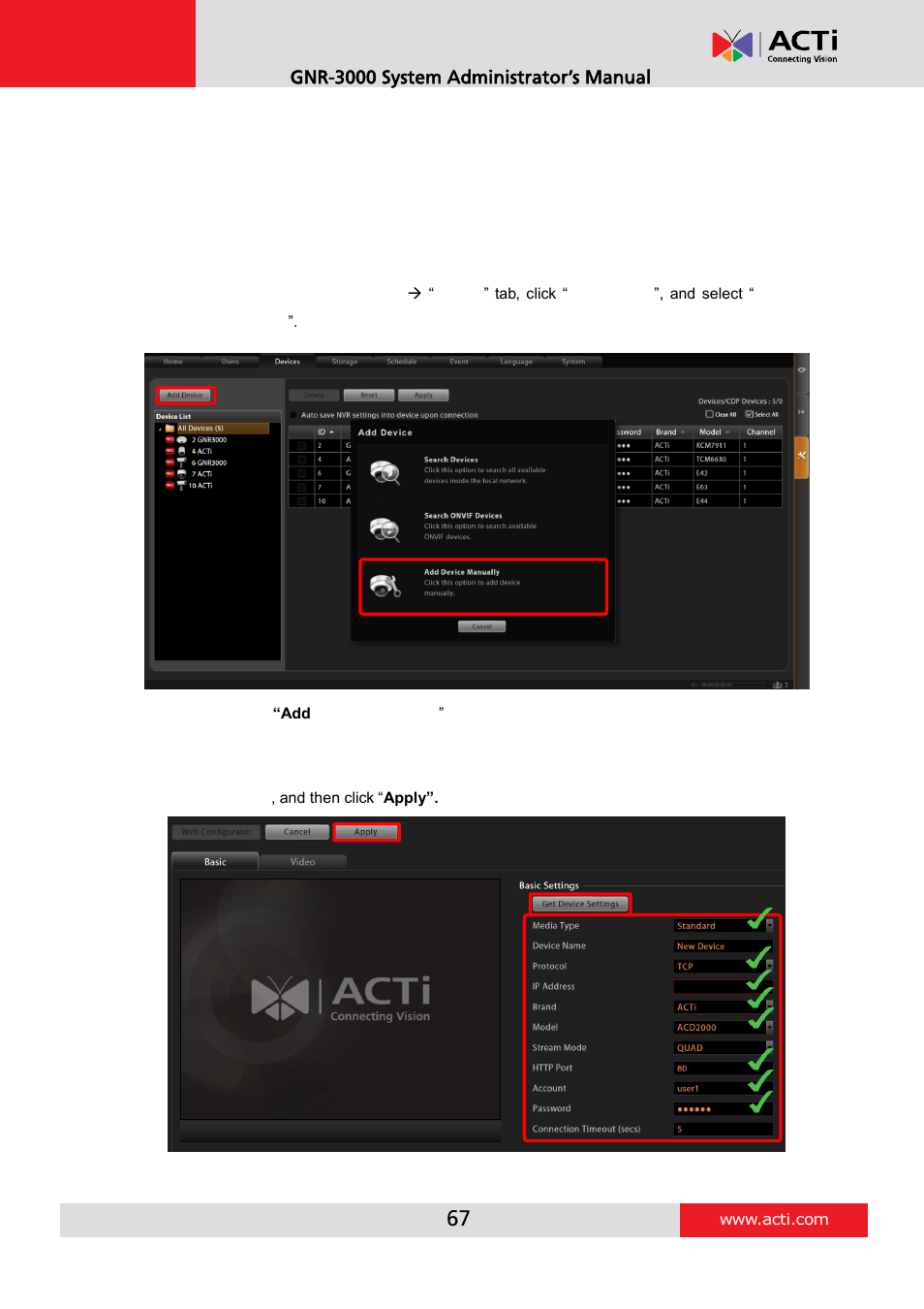 Add non-acti cameras, Gnr-3000 system administrator’s manual | ACTi GNR-3000 V3.0.09 User Manual | Page 67 / 150