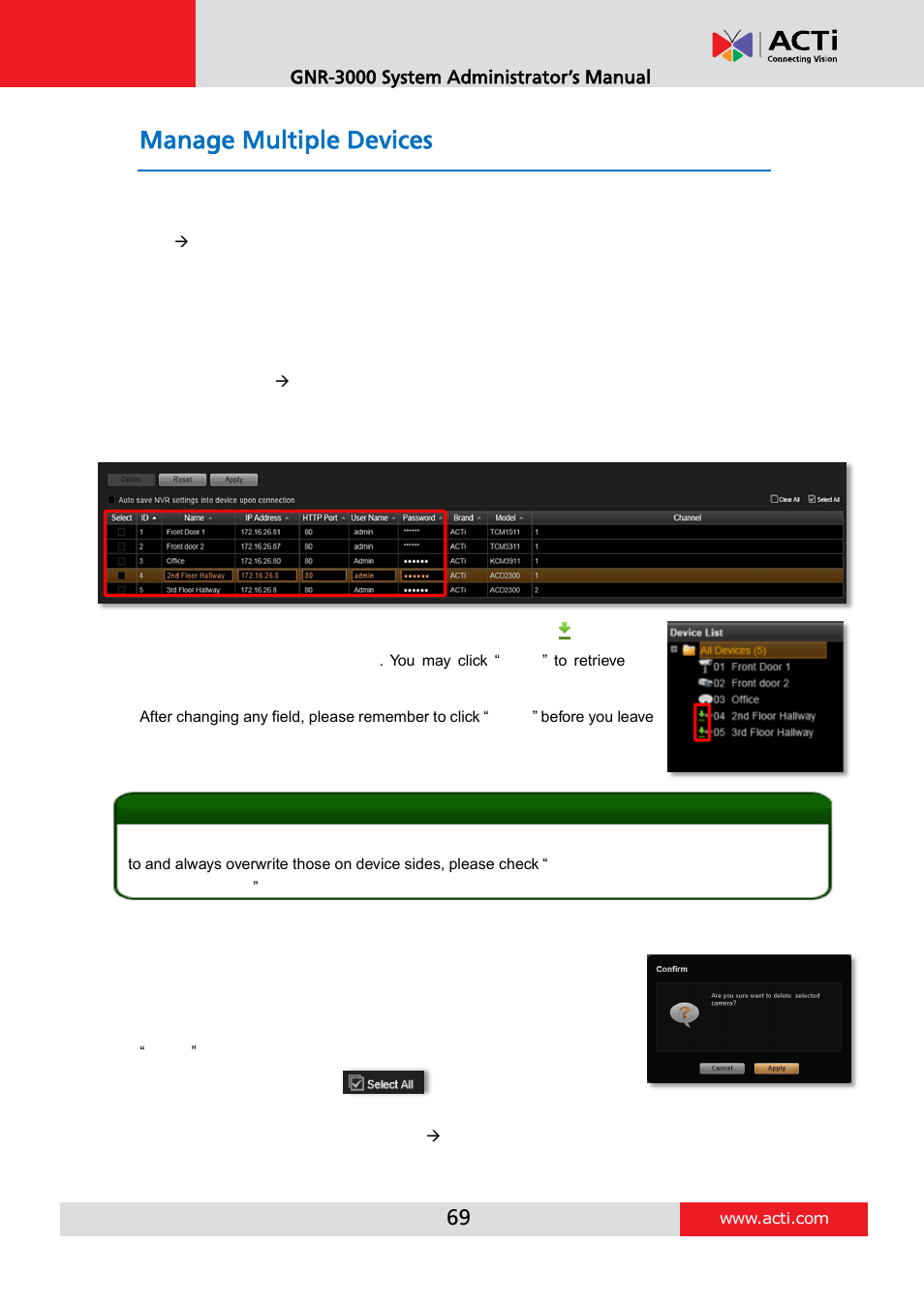 Manage multiple devices, Modify basic connection settings, Delete devices | ACTi GNR-3000 V3.0.09 User Manual | Page 69 / 150