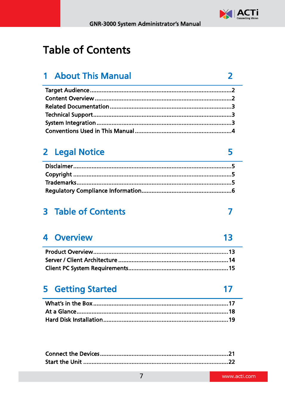 ACTi GNR-3000 V3.0.09 User Manual | Page 7 / 150