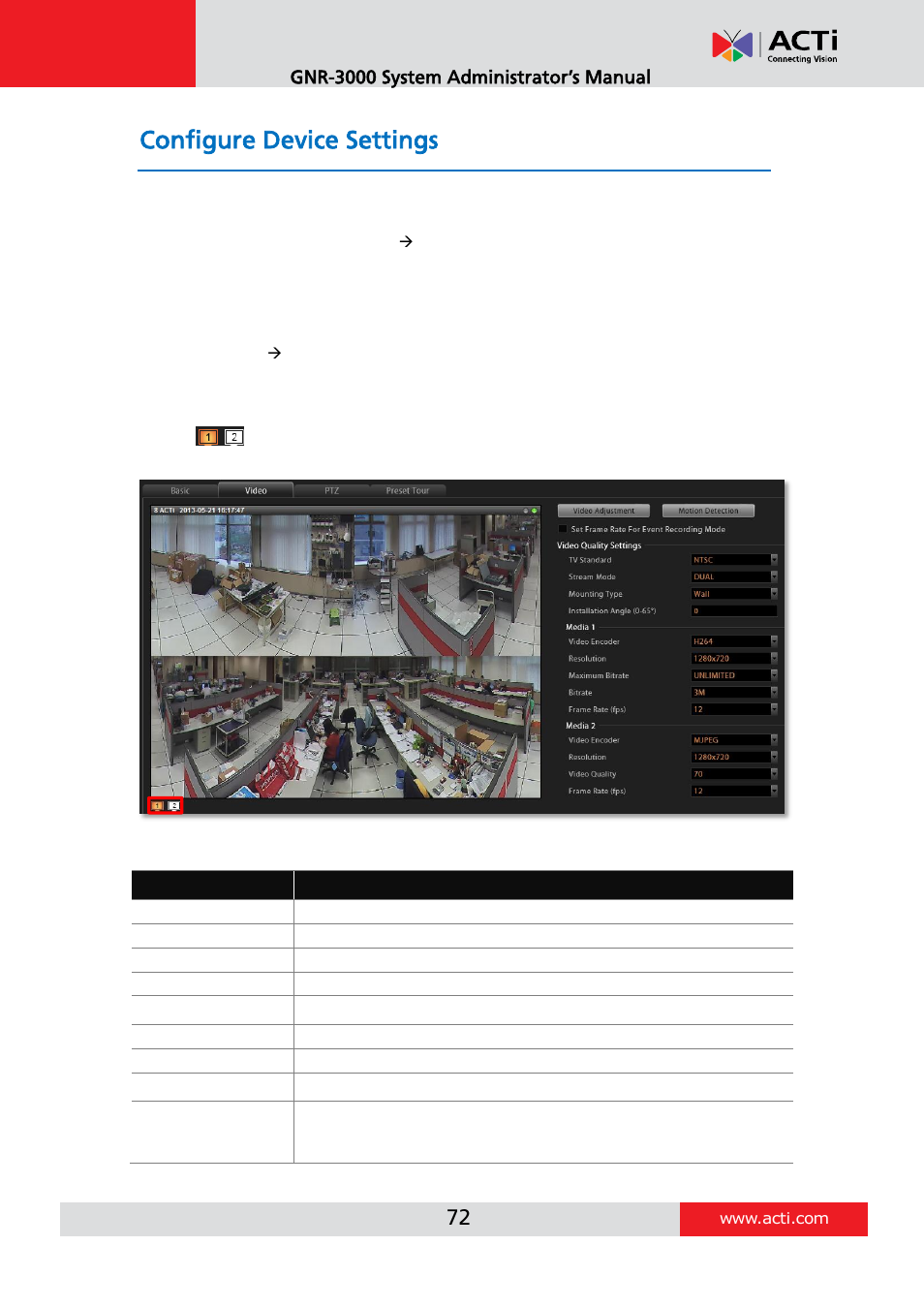 Configure device settings, Configure video format, Video settings attributes | Gnr-3000 system administrator’s manual | ACTi GNR-3000 V3.0.09 User Manual | Page 72 / 150