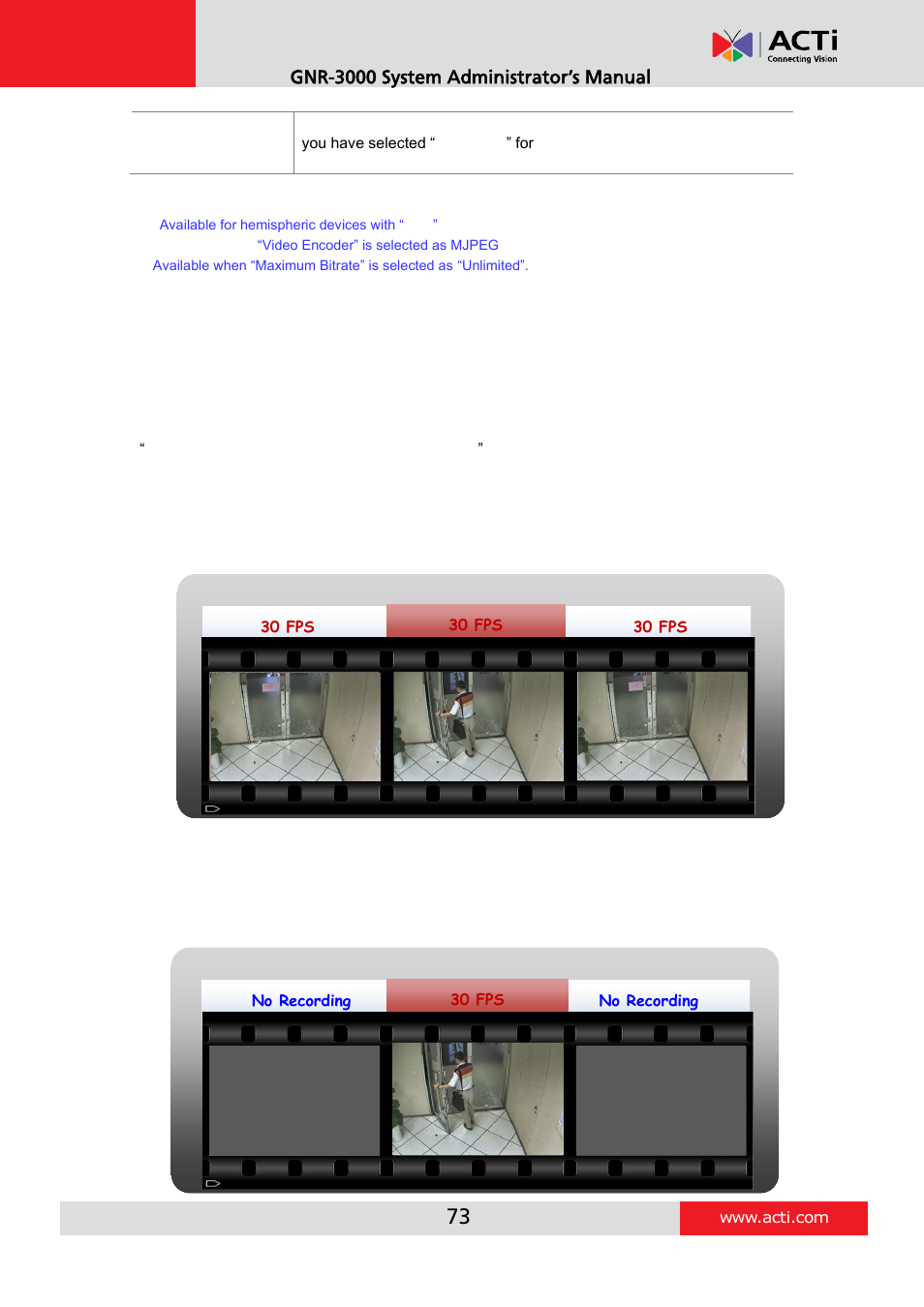 Save storage by setting event recording frame rate, Schedule recording, Event recording | Gnr-3000 system administrator’s manual | ACTi GNR-3000 V3.0.09 User Manual | Page 73 / 150