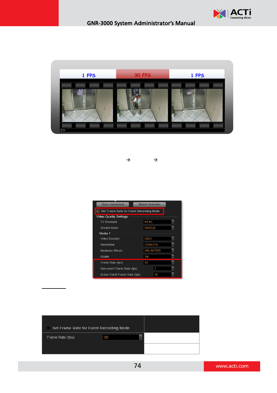 Event recording with frame rate adjustment, Gnr-3000 system administrator’s manual | ACTi GNR-3000 V3.0.09 User Manual | Page 74 / 150
