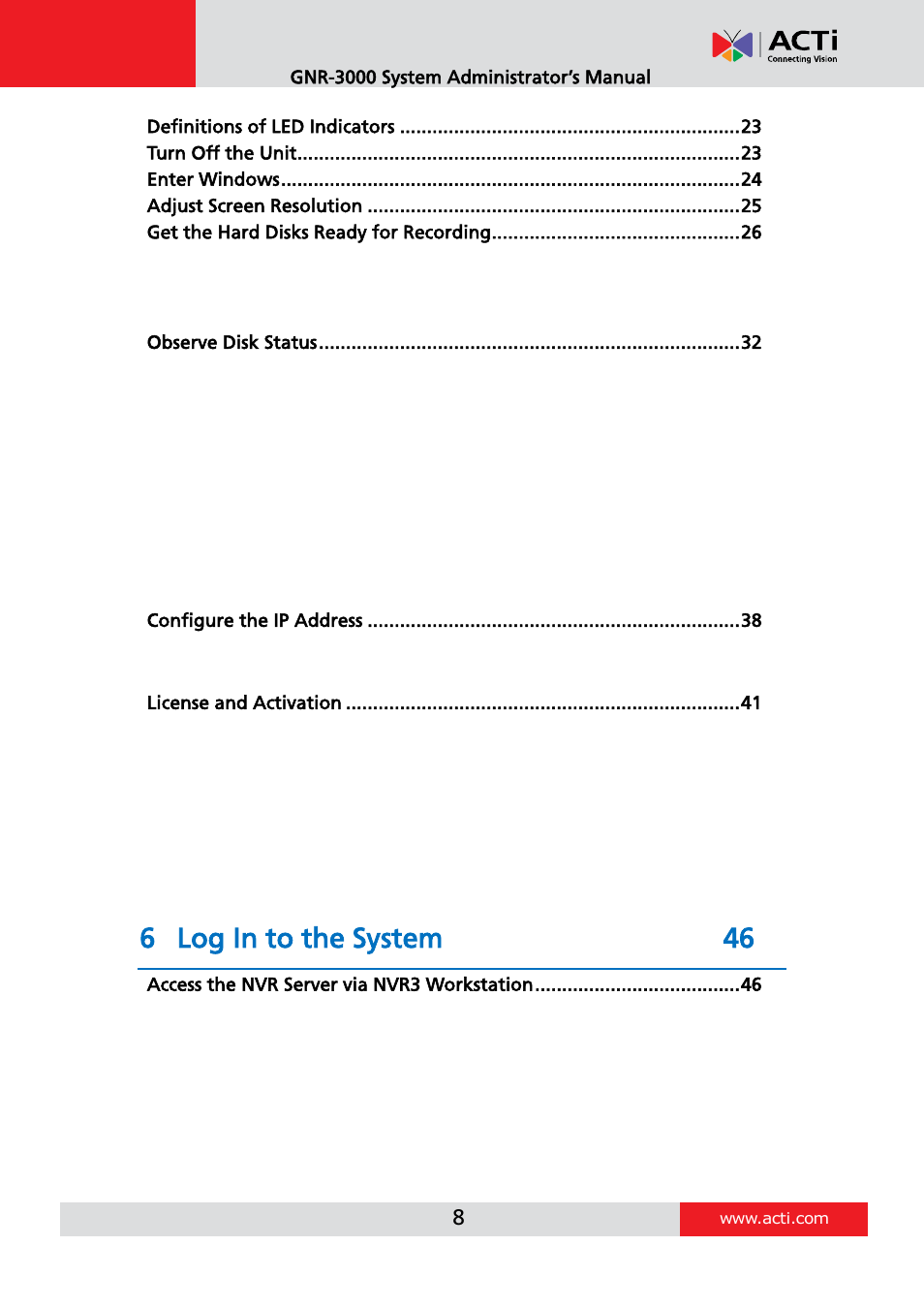 6 log in to the system 46 | ACTi GNR-3000 V3.0.09 User Manual | Page 8 / 150