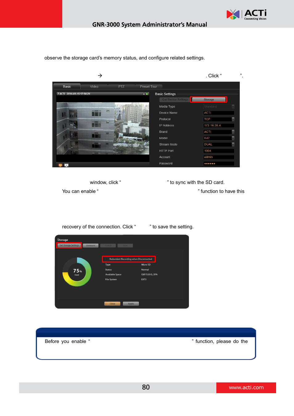 Configure storage card settings | ACTi GNR-3000 V3.0.09 User Manual | Page 80 / 150
