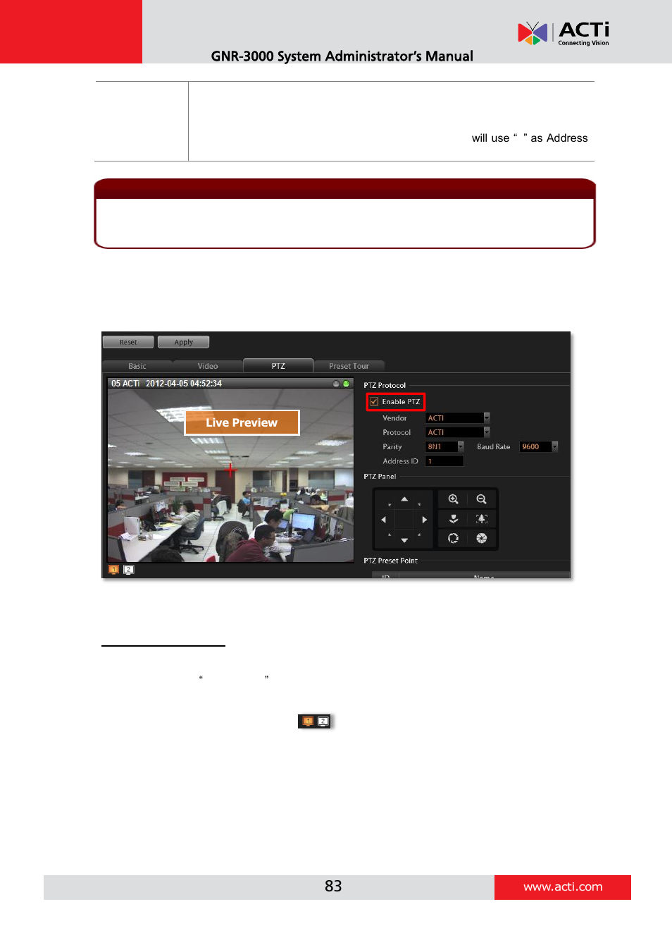 How to do live ptz operation, Gnr-3000 system administrator’s manual | ACTi GNR-3000 V3.0.09 User Manual | Page 83 / 150