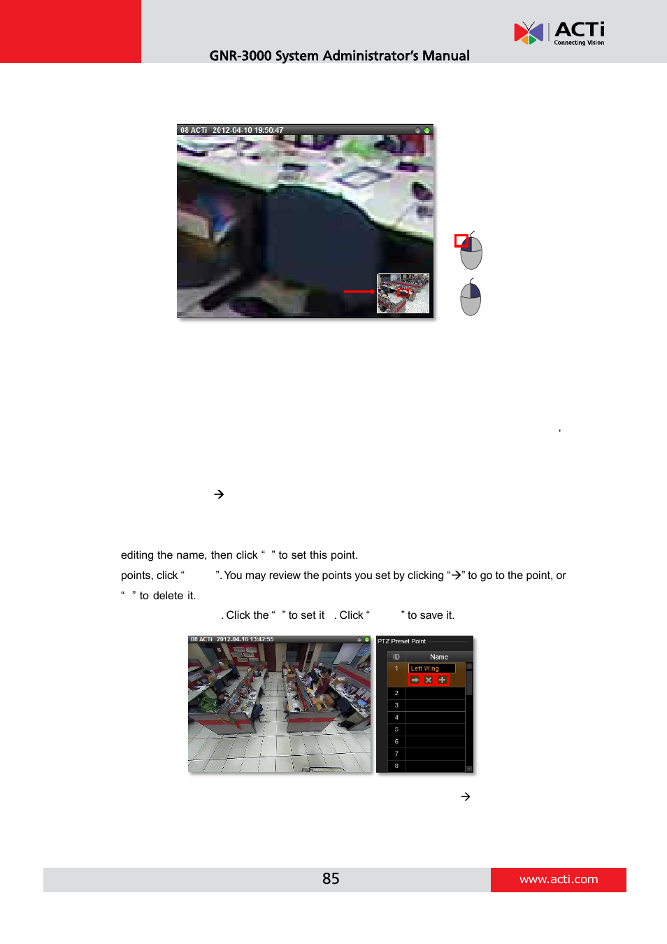 Set ptz preset points | ACTi GNR-3000 V3.0.09 User Manual | Page 85 / 150