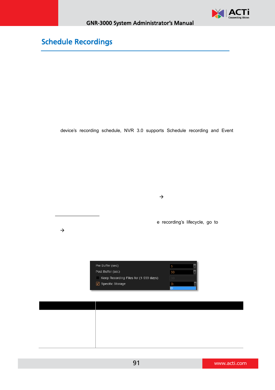 Schedule recordings, Configure the recording file properties | ACTi GNR-3000 V3.0.09 User Manual | Page 91 / 150