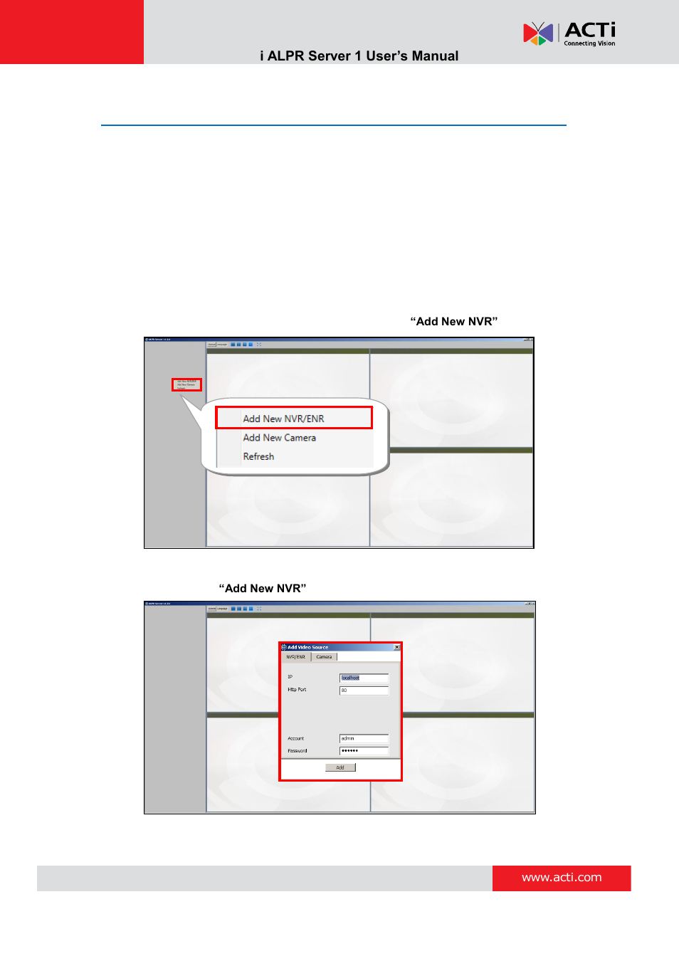 Add video source, Act i alpr server 1 user’s manual | ACTi ALPR Server 1 V1.0.1 User Manual | Page 17 / 40