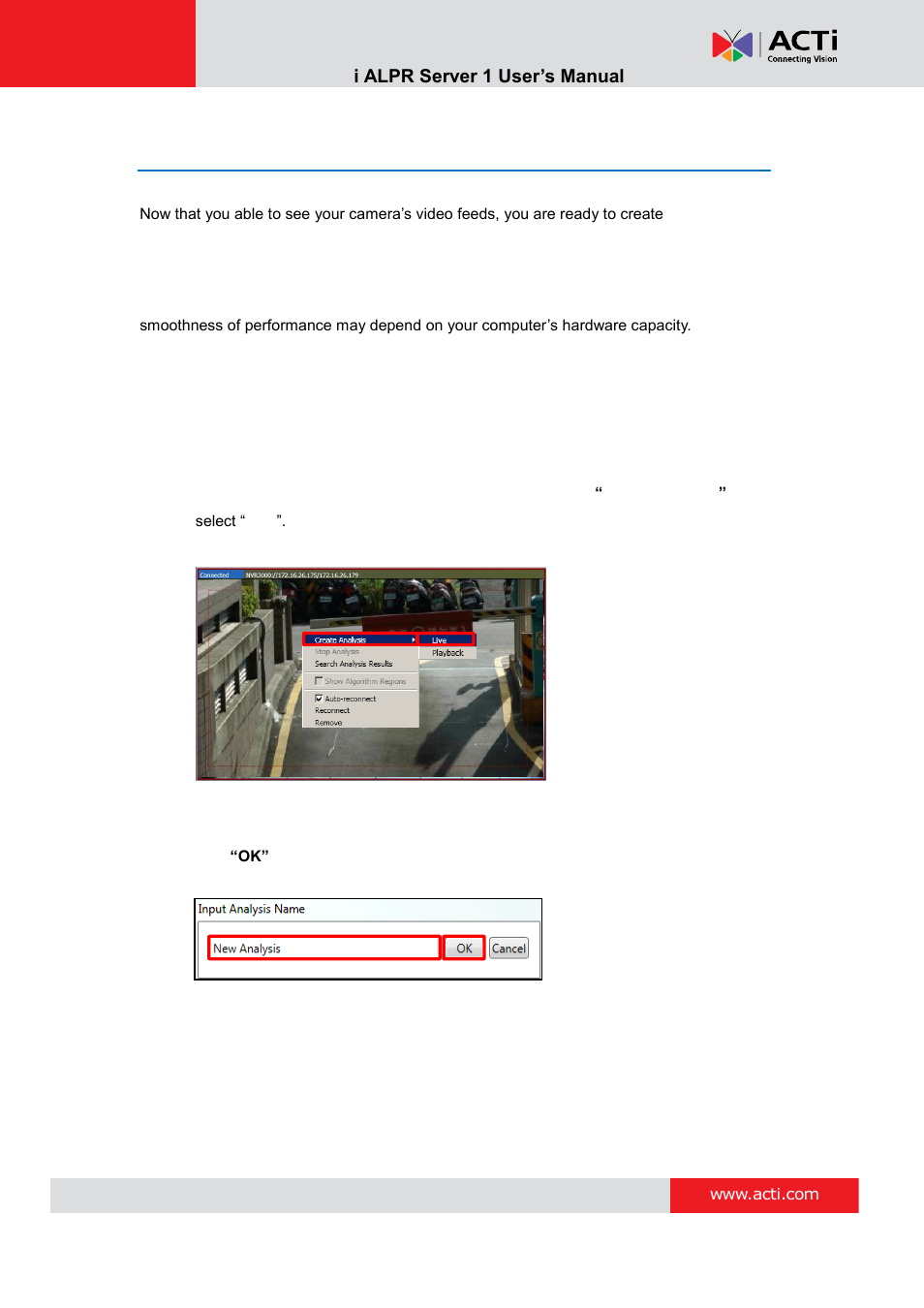 Create an analysis rule, Accessing new analysis window, Live view analysis | ACTi ALPR Server 1 V1.0.1 User Manual | Page 23 / 40