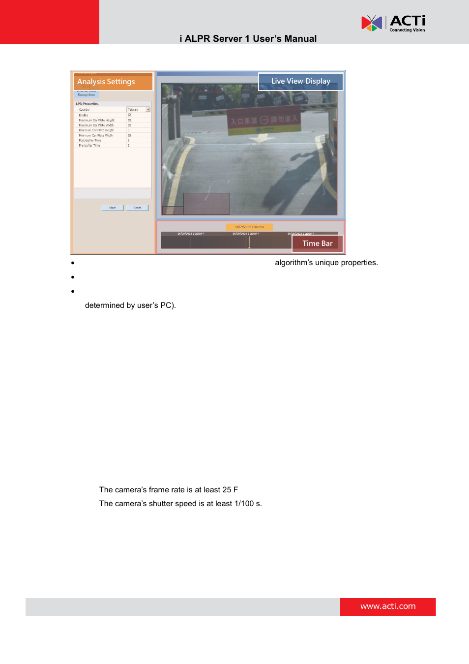 New analysis window ui introduction, License plate recognition algorithm setup, Act i alpr server 1 user’s manual | ACTi ALPR Server 1 V1.0.1 User Manual | Page 26 / 40