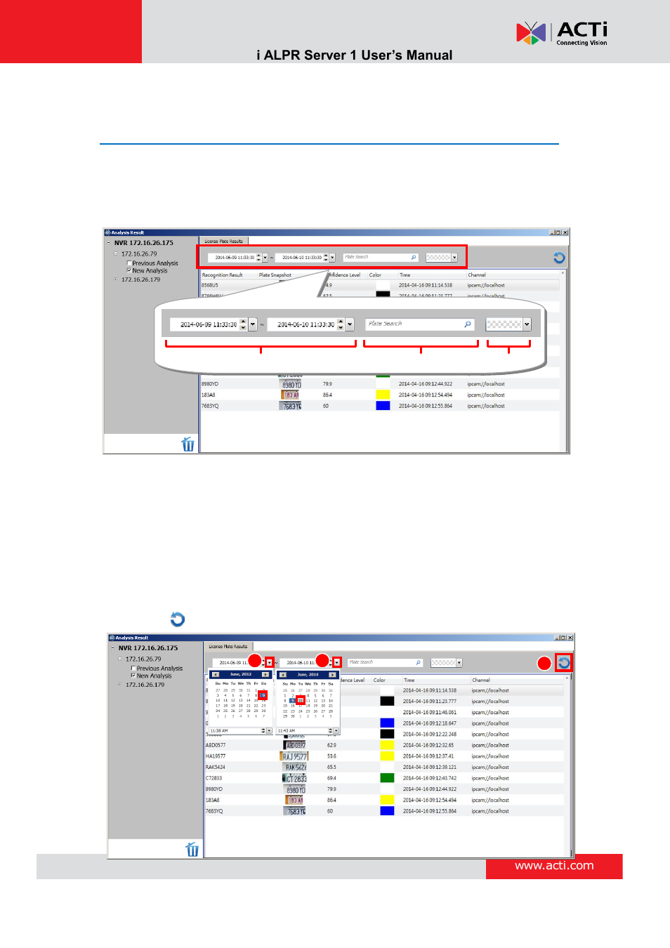 Search results by filters, Alpr results by time period | ACTi ALPR Server 1 V1.0.1 User Manual | Page 34 / 40