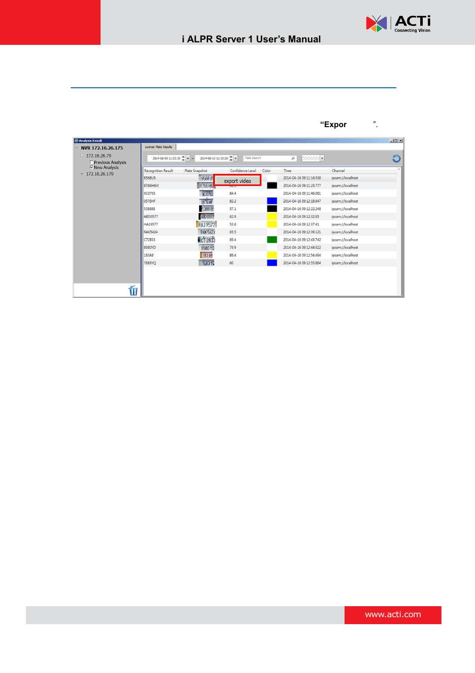 Export search result | ACTi ALPR Server 1 V1.0.1 User Manual | Page 39 / 40