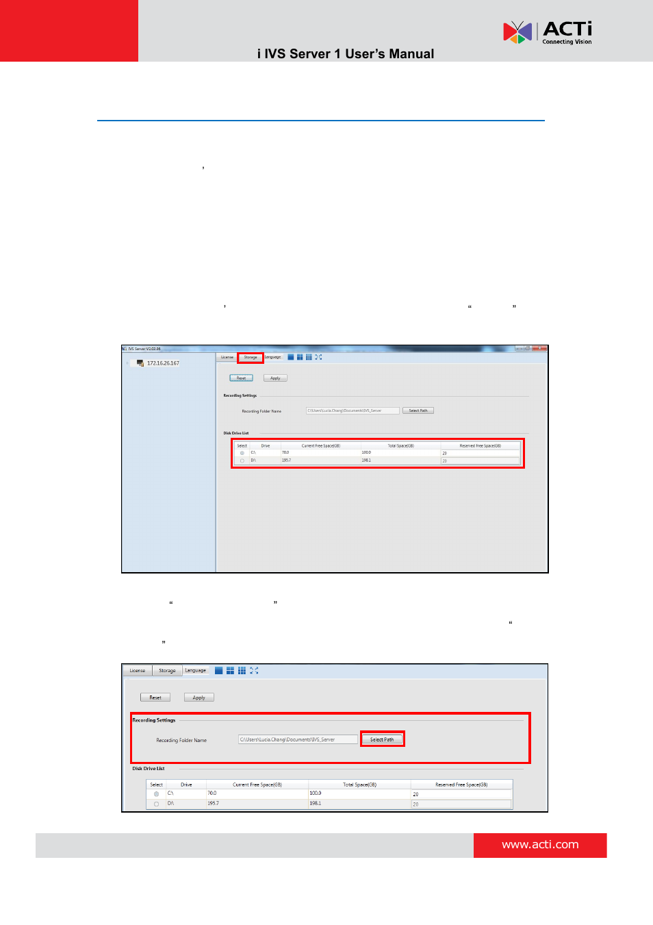 Storage management | ACTi IVS Server 1 V2.02.06 User Manual | Page 16 / 52